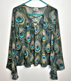 Show Me Your MuMu Zuko Lace Up Feather Top Blouse Size Small Bohemian Sheer thumbnail 1