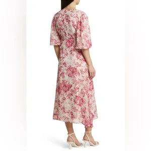 Chelsea28 Forget Me Not Floral Print Puff Sleeve Midi Dress in Beige and Pink thumbnail 4