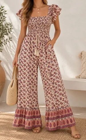 BOG Collective Floral Smocked Jumpsuit M Boho Wide Leg Puff Sleeve NWT thumbnail 1