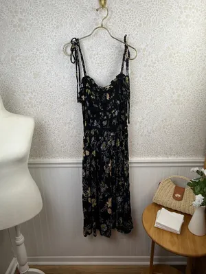 Free People Isla Black Floral Shoulder Tie Midi Dress - Size - Medium thumbnail 3