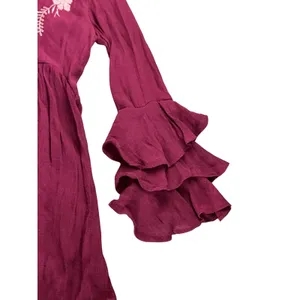 Umgee Burgundy Embroidered Floral Bird‎ Boho Mini Dress Ruffle Bell Sleeve Small thumbnail 4