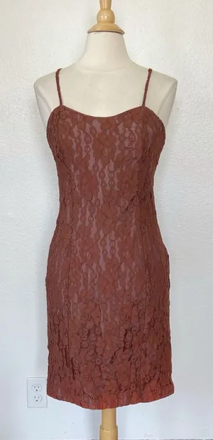 Vintage 70s 80s Brown Lace Sleeveless Sheath Cocktail Dress thumbnail 1