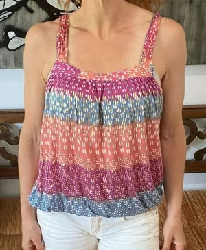 Free People Vintage Multi Sherbert Color Stripe Polka Dot Twisted Strap Tank Top thumbnail 1
