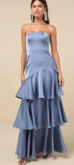 Lulus Blissfully Beautiful Slate Satin Strapless Tiered Maxi Dress Size XL Lined thumbnail 1
