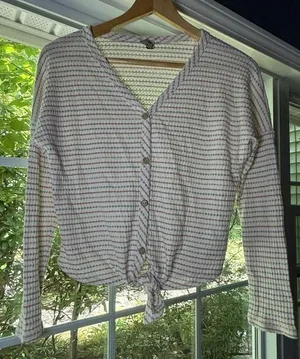 Paper Crane Women's Waffle Knit Long Sleeve Button-Down Tie-Front Cardigan Top thumbnail 1