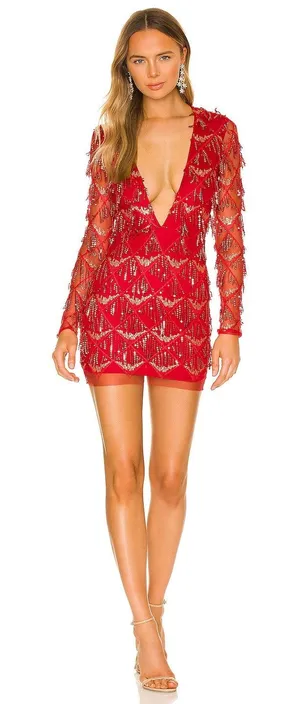 Superdown Nia Sequin Red Fringe Party Mesh Embellished Glam Dress NWT Small thumbnail 1