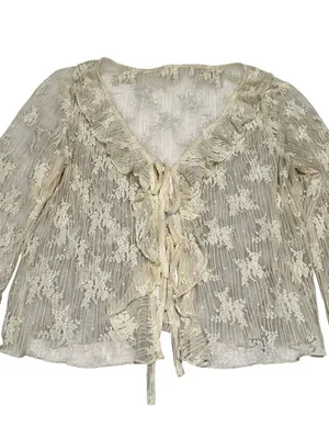 Women’s Ivory Lace Ruffle Blouse Flare Sleeve Tie Front Festival Feminine thumbnail 3