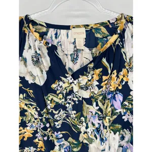 CHICO'S 0 Floral Peasant Blouse Women Small 4 Navy Blue Long Sleeve Split‎ Neck thumbnail 2