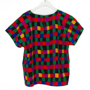 Impressions 1980s Vintage Rainbow Checkered Short Sleeve Blouse Retro Medium thumbnail 6