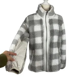 Abercrombie Sherpa Check Fleece Plaid Full Zip Jacket Coat Gray and White Size Medium thumbnail 3