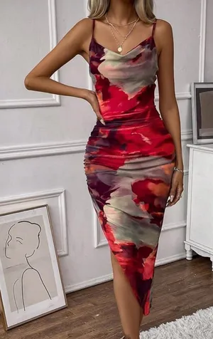 Amazon GORGLITTER Women's Mesh Ruched Bodycon Midi Dress Tie Dye Asymmetrical Dresses S thumbnail 1
