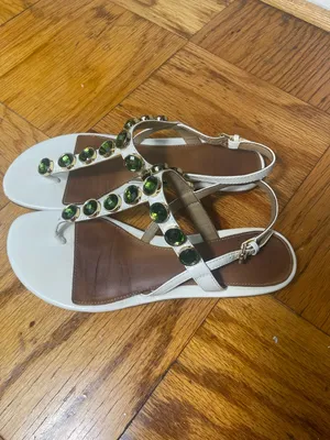 Tory Burch White T-Strap Sandals with Green Gemstones thumbnail 2