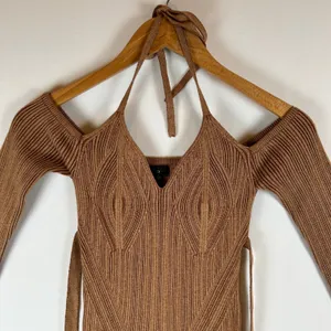 NBD Brown Ribbed Knit Stasia‎ Halter Wrap Midi Dress Small thumbnail 6