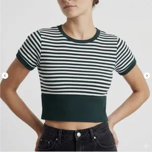 OFFLINE by Aerie Women's Green And White Striped Seamless Cropped T-Shirt Size M thumbnail 1