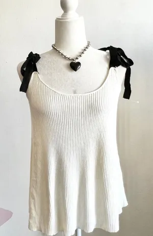 Zara White Ribbed Bow‎ Tank Top Y2K 2000s Coquette Retro Small thumbnail 1
