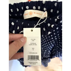 Tory Burch Printed Ruffle Dress Polka Dot Smocked Midi Navy White NWT Size M thumbnail 6