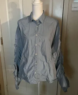 Free People Light Blue Ruched Sleeve Button Down Blouse thumbnail 4