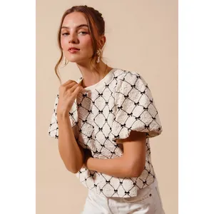 SO ME Bow Texture Woven Bubble‎ Sleeve Top - Ivory - Large thumbnail 6