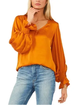Vince‎ Camuto Blouson-Sleeve Blouse burnt orange rust Sz S thumbnail 1