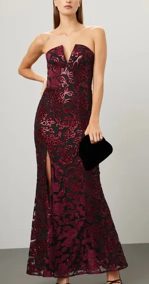 Dress the Population Black Sequin Gown XS Bustier Strapless Velvet Designer $400 thumbnail 1
