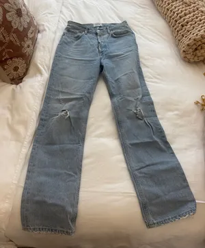 Agolde Light Blue Flare Jeans with Knee Rips thumbnail 1