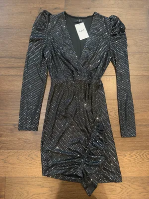 o.p.t Black Sparkle Long-Sleeve Wrap Mini Dress Size Small NWT - C61-025 thumbnail 1
