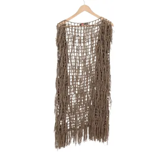 Origami Vest Womens S/M Brown Fringe Open Knit Crochet Shaggy Excellent thumbnail 5