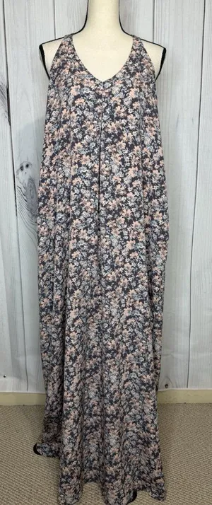 LoveStitch Long Floral Maxi Dress Sz L Pockets Purple Pink Racerback Beach thumbnail 1