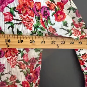 Floral Long Sleeve Tie Neck Blouse Pink Orange White Crinkle Boho Top‎ Womens XL thumbnail 5