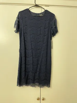 Lulus Take Me to Brunch Navy Blue Lace Shift Dress thumbnail 3