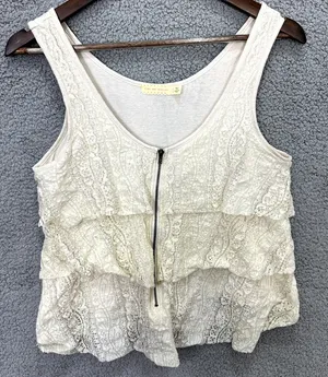 Pins and Needles Lace Tank Top Womens M Cream Tiered‎ Boho Zip Front Sleeveless thumbnail 1