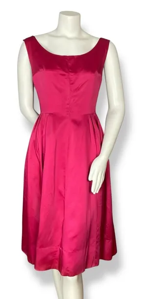 Vintage 1950s Dress A-Line Pink‎ Sleeveless Retro Satin FLAWS Handmade Zip-Up thumbnail 1