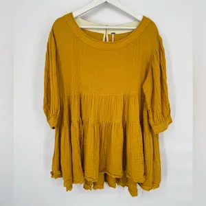 Free People Mustard Yellow Oversized Gauze Cotton Boho Tunic Top Medium‎ thumbnail 2