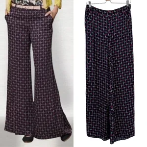 Anthropologie Cartonnier Pants Geometric Print Wide Leg Rayon Navy Blue Size 4‎ thumbnail 2
