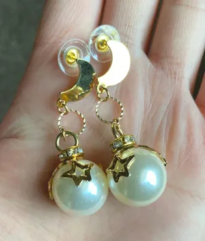 Kawaii star pearl & stainless gold moon dangle earrings 🌙🌠⭐️🌀💓 thumbnail 3