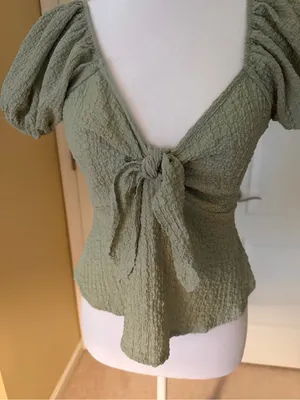 See You Monday Sage Green Puff Sleeve Tie-Front off shoulder Blouse thumbnail 2