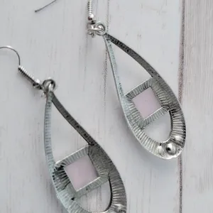 Long Silver Tone, Pink, Clear Gem Dangle Earrings thumbnail 5