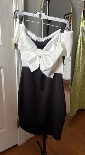 Black and white bow cocktail graduation dress thumbnail 1