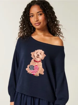 Hollister Easy Off-the-Shoulder Dog Graphic Sweater USA Flag thumbnail 1