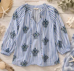 Entro Coastal‎ Resort Blue White Stripe Floral Print Tassel Blouse Top Large thumbnail 1