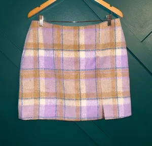 Skies Are Blue Lavender Plaid Mini Skirt with Tan and Cream Accents thumbnail 1