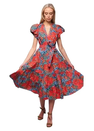 Ulla Johnson Ottilie Hypnotic Flamingo Cotton Midi Dress Puff Sleeve Coral Sz 0 thumbnail 1
