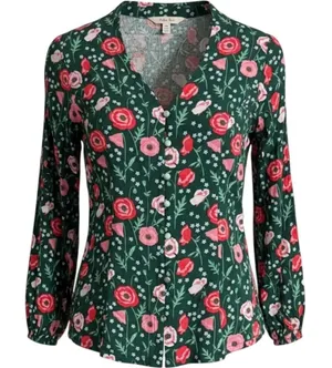 Matilda Jane Floral Poppy Button Up Top Womens Medium Green Long Sleeve Peplum thumbnail 1