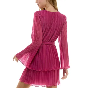 NWT City Studios Juniors Pleated Bell-Sleeve Dress 2389MZ8AT1 Magenta Pink XL thumbnail 3