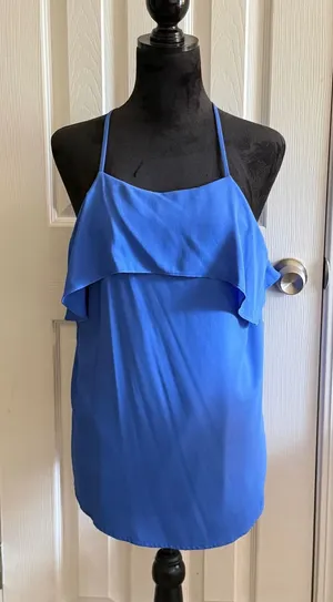 Ann Taylor Womens Blue Ruffle Tiered Camisole Spaghetti Strap Tank Top Large thumbnail 1