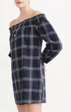 Abercrombie Fitch Plaid Off Shoulder Mini Dress Navy White Women’s Large thumbnail 1