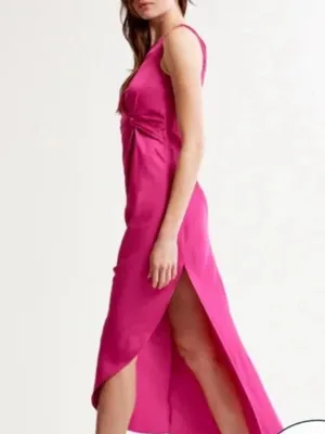 Abercrombie & Fitch Satin One Shoulder Knotted Midi Dress Fuchsia XS NEW $130 thumbnail 5