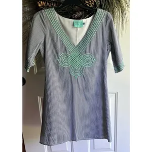Judith March Blue and White Pinstriped Dress Mint Green Embroidery Size Small thumbnail 2
