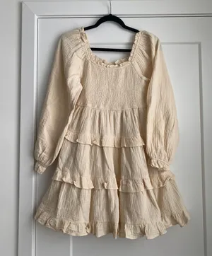 &merci taupe brown Puff Sleeve Babydoll ruffled Mini Dress sz S thumbnail 4