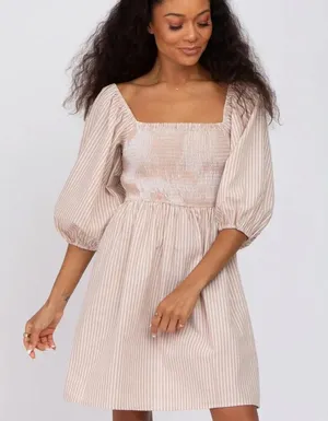 BIBI | Taupe Striped Smocked Puff Sleeve Dress thumbnail 6